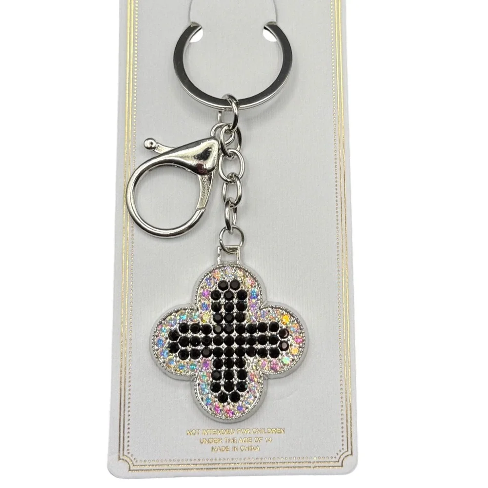 Silver‎ Tone Rhinestone Cross Keychain Bag Charm Black and Iridescent Crystals